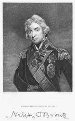 Porträtt av amiral Horatio Nelson med hans signatur, graverat av John Cochran (fl.1821-65)