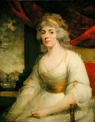 Porträtt av Mrs. Billington sittande, tre fjärdedels längd i en vit klänning (olja på duk)
