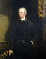Porträtt av William Pitt, stående tre fjärdedels längd i en mörk jacka och ridbyxor,