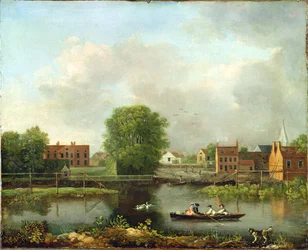 Ett flodlandskap, möjligen en utsikt från West End av Rochester Bridge, 1800-10