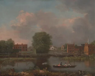 Ett flodlandskap, möjligen en utsikt från West End av Rochester Bridge