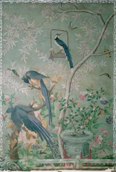 Ett par skatskrika, klippta från "The Birds of America" och klistrade på handmålad kinesisk tapet (collage)
