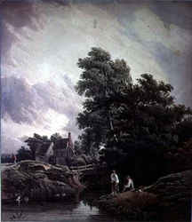 Landskap med vattenkvarn och figurer