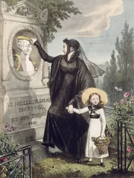 Cemetery of Pere Lachaise, tryckt av Charles Joseph Hullmandel (1789-1850) pub. 1822 (färggravyr)