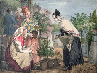 Blomstermarknaden, Paris, graverad av Charles Joseph Hullmandel (1789-1850), publicerad 1821