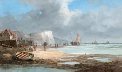 Havslandskap med fiskebåtar och ett hus