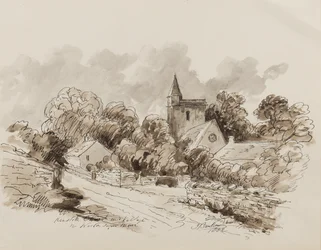 Kewstoke Church and Village, Weston Super Mare, Somerset, 1882 (penna, pensel och bläck på papper)