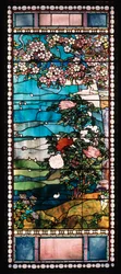 Blommande körsbärsträd och pion, fönster från Frederick Lothrop Ames House, Boston, Massachusetts