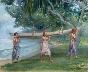 Flickor som bär en kanot, Vaiala i Samoa, 1891.