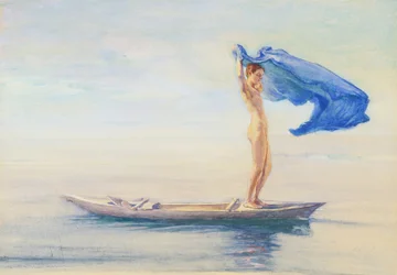 Flicka i kanotbåge breder ut sin ländduk för ett segel, Samoa, ca 1895-96 (wc och gouache ombord)