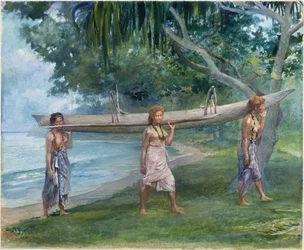 Flickor bär en kanot, Vaiala i Samoa