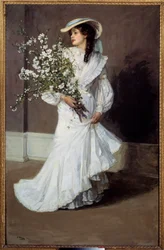 Vår. Allegori över våren: porträtt av en vitklädd kvinna med en blomsterbukett. Målning av Sir John Lavery (1856-1941)