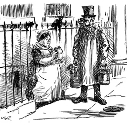 En tecknad serie som kommenterade att urvattningen av mjölk nådde sådana proportioner att det måste införas lagstiftning för att kontrollera det. Illustrerad av John Leech (1817-1864), en engelsk karikatyrtecknare och illustratör