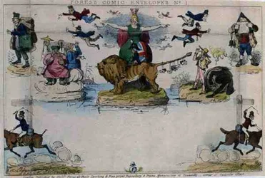 Karikatyr av Mulready-kuvertet, pub. av herrarna Fores