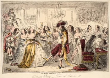 Evening Party - Time of Charles the Second, från The Comic History of England, pub. 1864 (handfärgad etsning)