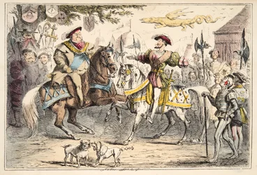 Henry VIII möte Francis I, från The Comic History of England, pub. 1864 (handfärgad etsning)