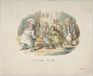 Kökspersonal (recto); Bergslandskap med vandrare (verso)