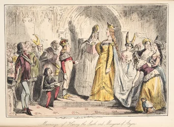 Henry VIs äktenskap, med Margareta av Anjou, från The Comic History of England, pub. 1864 (handfärgad etsning)