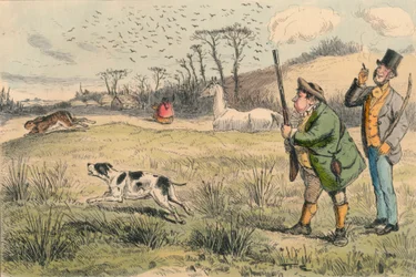 Mr Jogglebury Crowdey med sin hund och sin pistol, ca 1860-talet.