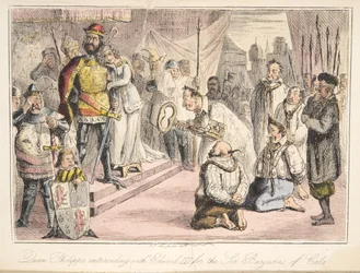 Drottning Philippa går i förbön med Edward III, för de sex burgarna i Calais, från The Comic History of England, pub. 1864 (handfärgad etsning)