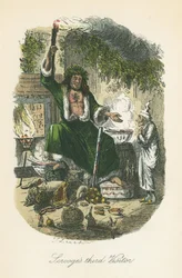 Julklappens spöke dyker upp för Scrooge. Illustration av John Leech (1817-64) för Charles Dickens A Christmas Carol, London 1843-1834.