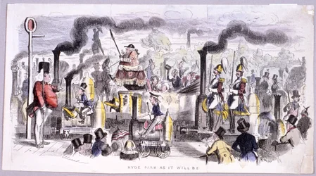 Utsikt över Hyde Park som satiriserar tillkomsten av ångloket, London, c1850