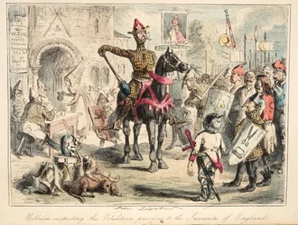 Vilhelm Erövraren inspekterar volontärerna före invasionen av England, från The Comic History of England, pub. 1864 (handfärgad etsning)