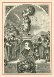 Porträtt av Jacob Cats, under allegorisk figur av Universal Justice (gravyr)