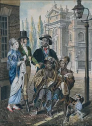 Världsliga folk ifrågasättande skorstensfejare och deras mästare före Kristi kyrka..., 1811-ca. 1813.