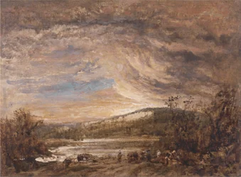 Ett flodlandskap, solnedgång