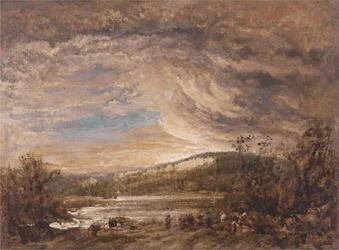 Ett flodlandskap, solnedgång