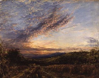 Solnedgång över ett hedlandskap, tidigt 1850-tal