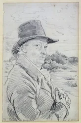 William Blake bär en hatt, (inskription: Wm Blake at Hampstead) c.1825 (penna)
