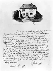 Faksimil av ett brev som illustrerar huset där Locke (1632-1704) föddes i Wrington, Somerset (penna och bläck på papper)