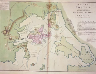 Plan över Boston och dess omgivningar som visar positionen för de brittiska styrkorna och de amerikanska rebellstyrkorna, ritad oktober 1775, tryckt i 