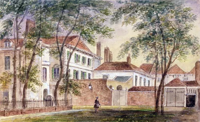 Vy över den avlidna hertiginnan av Portlands (1715-1785) hus och museum 1796 (wc på papper)