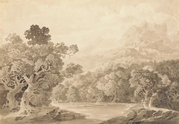 Forested River Bank, Hill Town och bergstoppar på avstånd
