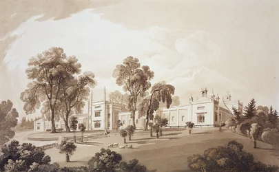 Vy över Farm House med skärm till stall och gårdsbyggnader till Sezincote House, graverad av Frederick Christian Lewis Snr. (1779-1856), ca 1817-18 (sepiaakvatint)