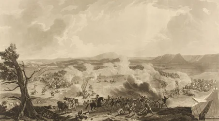 "Slaget vid Kirkee utkämpades den 5 november 1816 vid vilket minnesvärt tillfälle 4785 [sic] brittiska trupper besegrade Mahratta-armén" (akvatint, färgad)