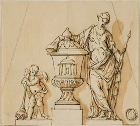 Design för ett begravningsmonument med öde, putto och urna