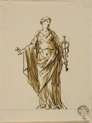 Stående allegorisk figur med Caduceus (fred?)