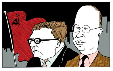 Dmitrij Sjostakovitj med Sergej Prokofjev med sovjetisk flagga