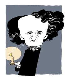 Edgar Allan Poe - karikatyr, håller i en ljusstake