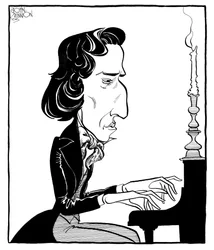 Frederic Chopin - karikatyr av den polske kompositören och pianisten som spelar piano