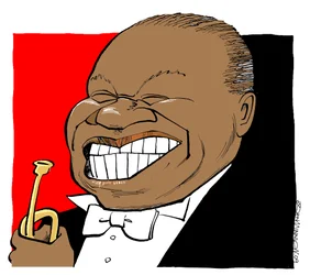 Louis Armstrong - karikatyr, spelar på sin trumpet