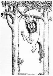 Oliver Knussen - karikatyr hängande från ett träd med krona - engelsk kompositör och dirigent - b