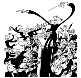 Orkester och dirigent - karikatyr av John Minnion