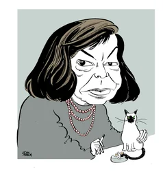 Patricia Highsmith - karikatyr med sin katt, röker