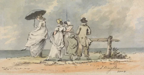 I Brighton, 1804: Tre kvinnor, barn och man tittar ut mot havet