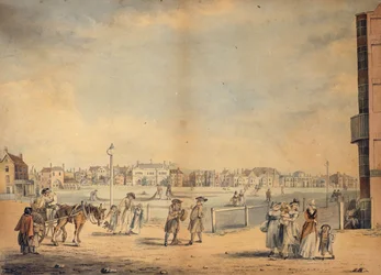 Brighton, som visar Miss Widgetts cirkulerande bibliotek, Marlborough House, Castle Inn and Assembly Rooms och Marine Pavilion, 1792